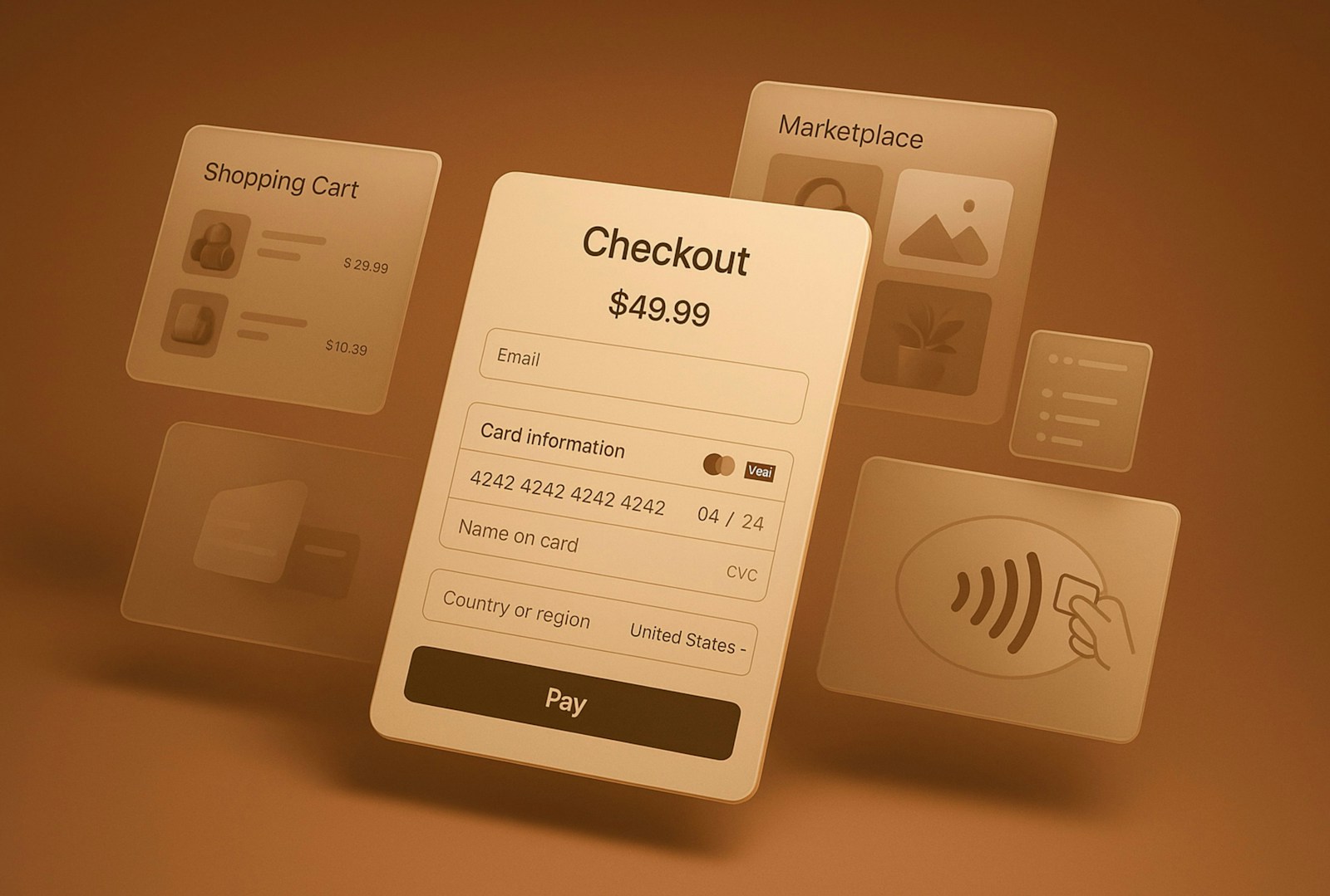 Online checkout screen with payment details and shopping cart.